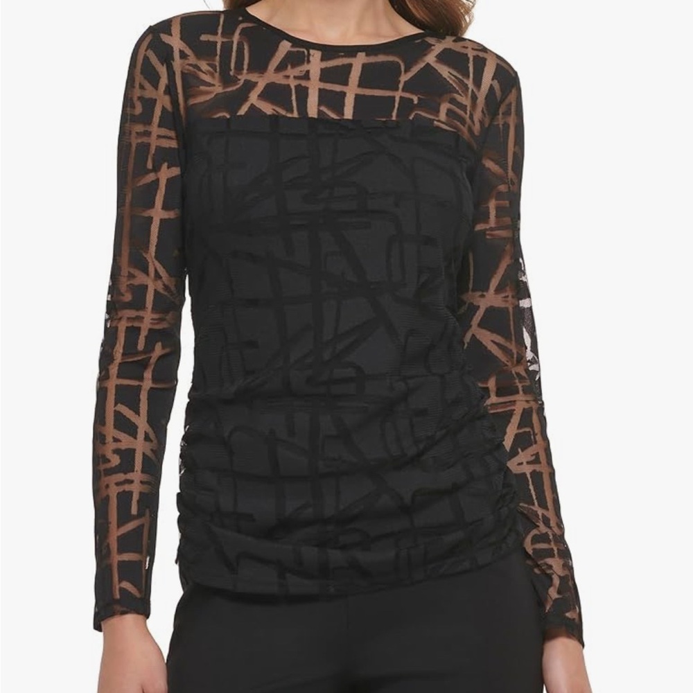 DKNYC Black and Brown Ruched Graphic Blouse